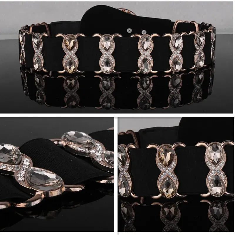 Crystal Rhinestone Elastic Waist Belt - Handmade Decorative Wide Belt for Dress & Coat