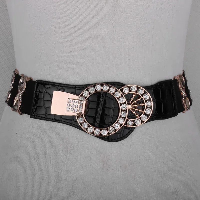 Crystal Rhinestone Elastic Waist Belt - Handmade Decorative Wide Belt for Dress & Coat