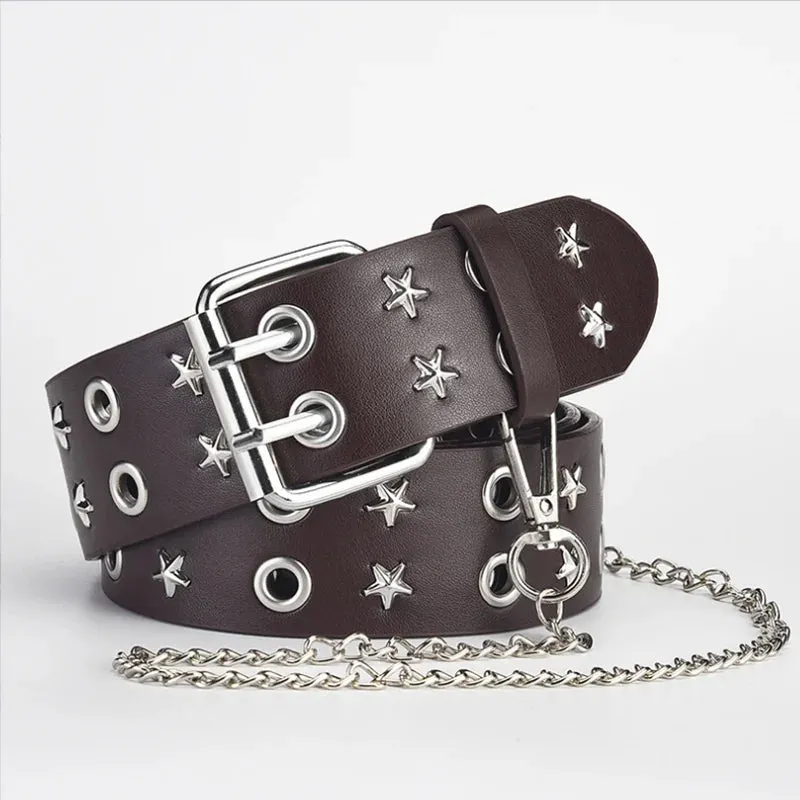 Goth Star Chain Eye Rivet Belt – Double Pin Buckle Punk Festival Party Belt