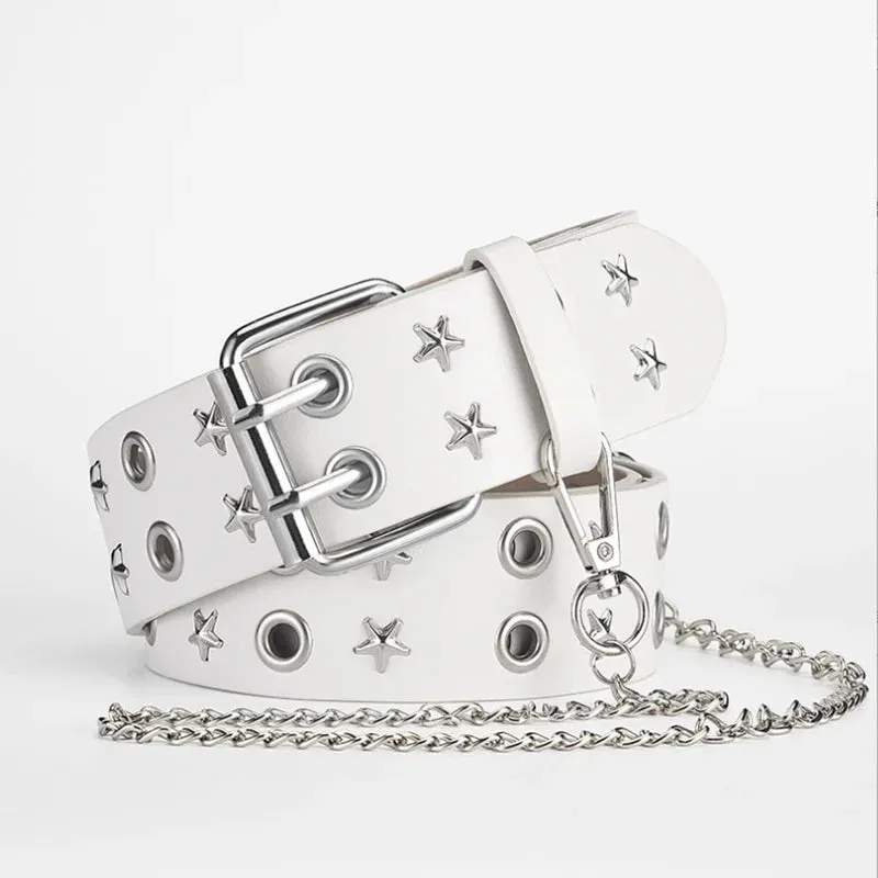 Goth Star Chain Eye Rivet Belt – Double Pin Buckle Punk Festival Party Belt