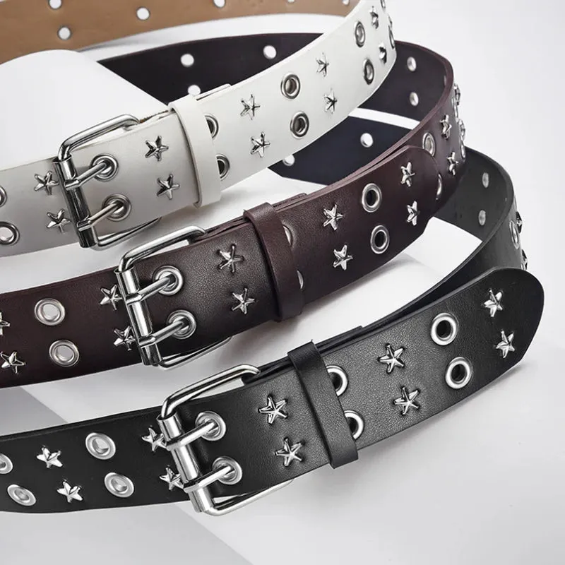 Goth Star Chain Eye Rivet Belt – Double Pin Buckle Punk Festival Party Belt