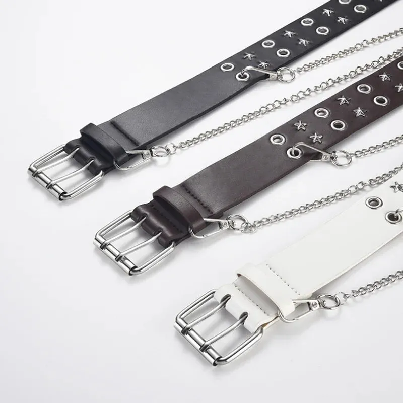 Goth Star Chain Eye Rivet Belt – Double Pin Buckle Punk Festival Party Belt