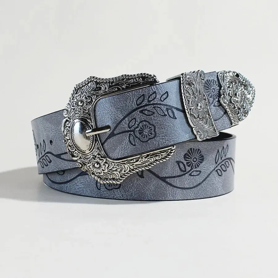 Goth Vintage Pattern Print Belt - Designer Metal Buckle PU Leather Y2K Waistband