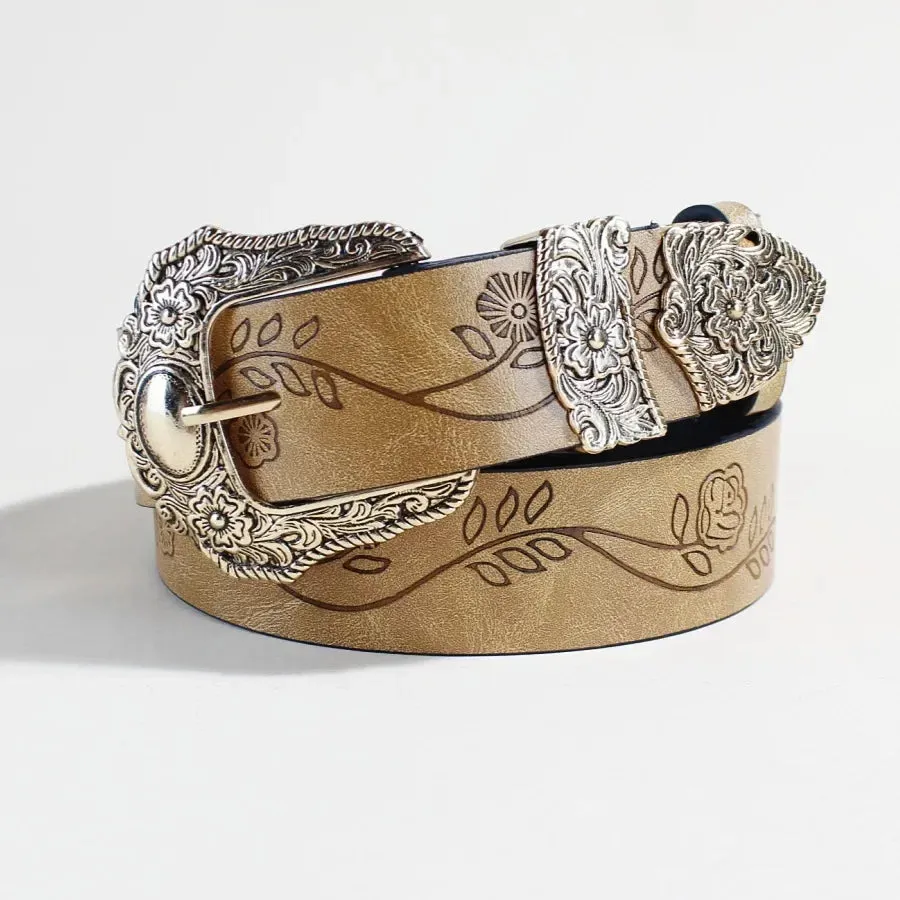Goth Vintage Pattern Print Belt - Designer Metal Buckle PU Leather Y2K Waistband