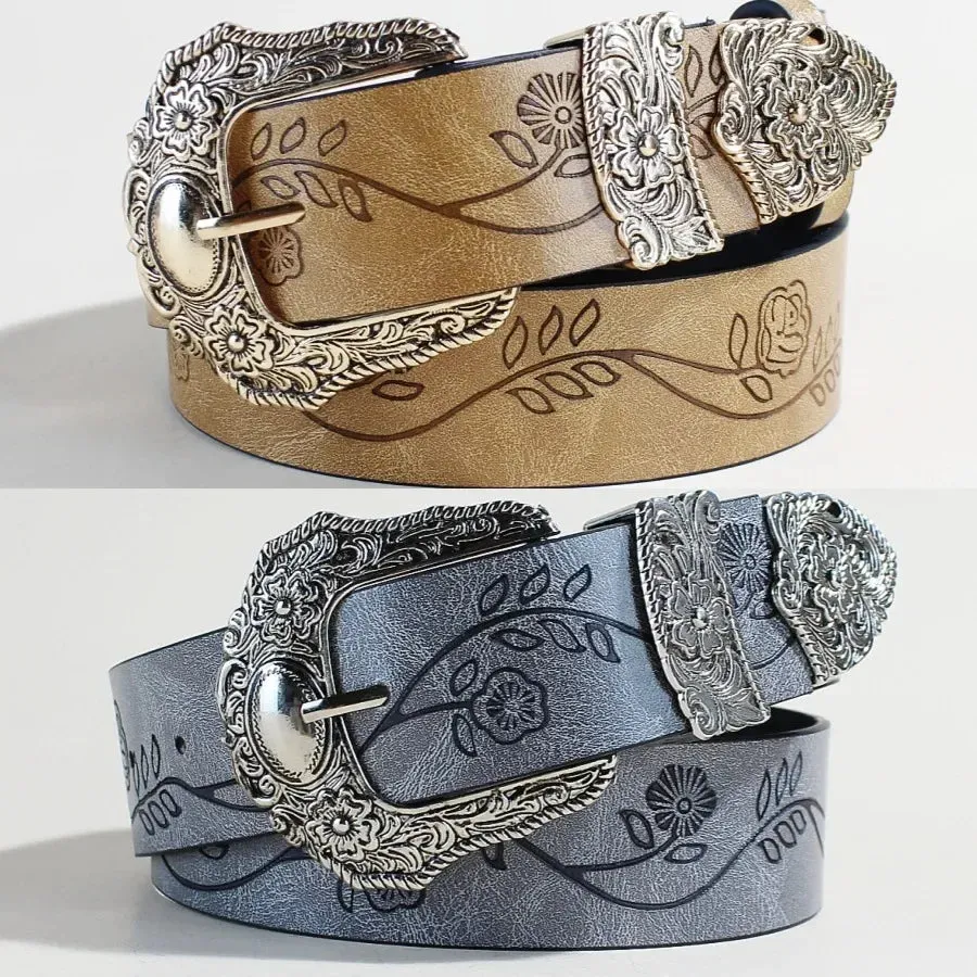 Goth Vintage Pattern Print Belt - Designer Metal Buckle PU Leather Y2K Waistband