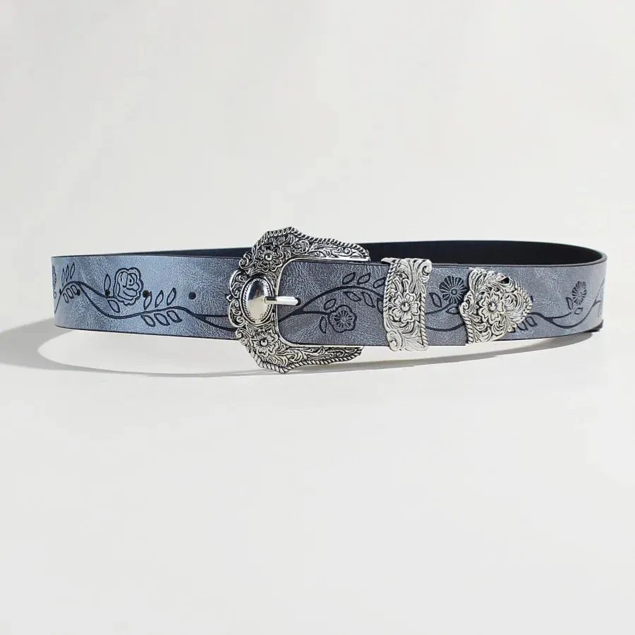 Goth Vintage Pattern Print Belt - Designer Metal Buckle PU Leather Y2K Waistband
