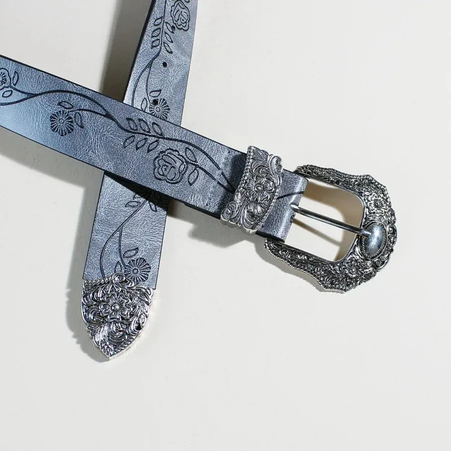 Goth Vintage Pattern Print Belt - Designer Metal Buckle PU Leather Y2K Waistband