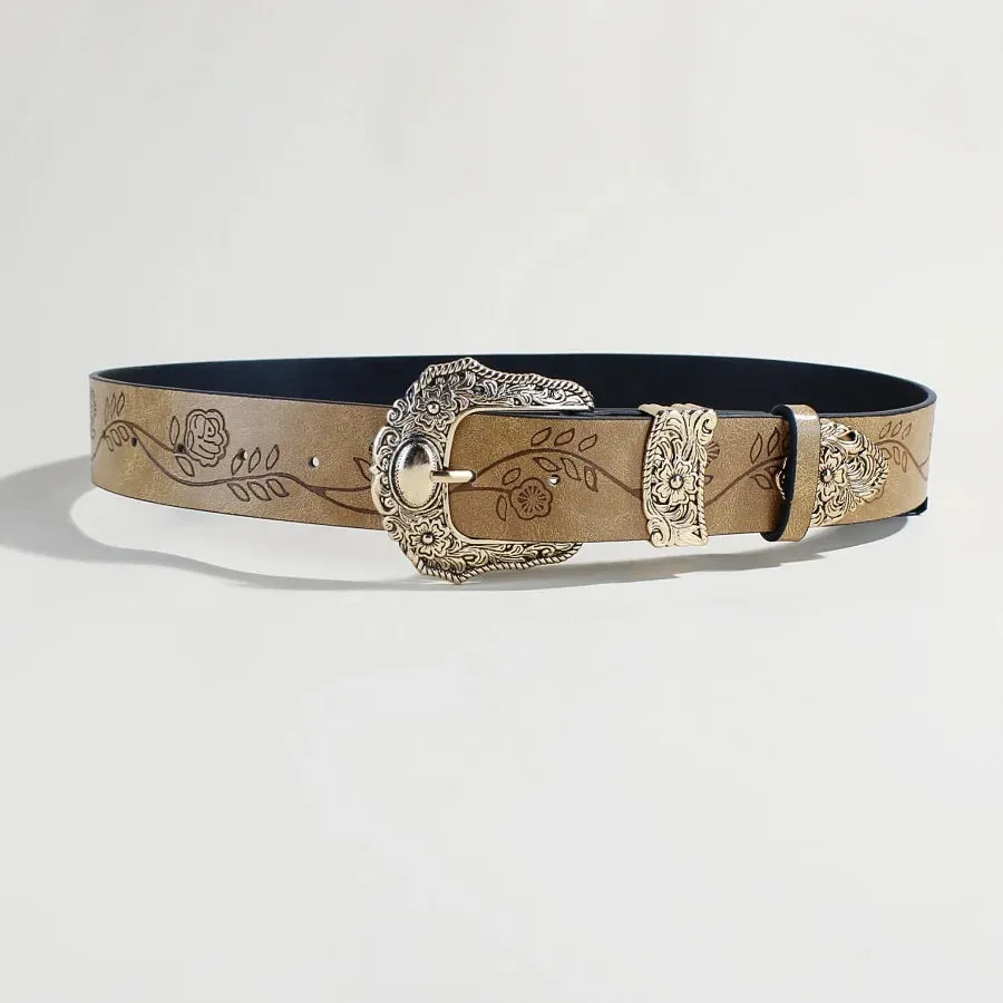 Goth Vintage Pattern Print Belt - Designer Metal Buckle PU Leather Y2K Waistband