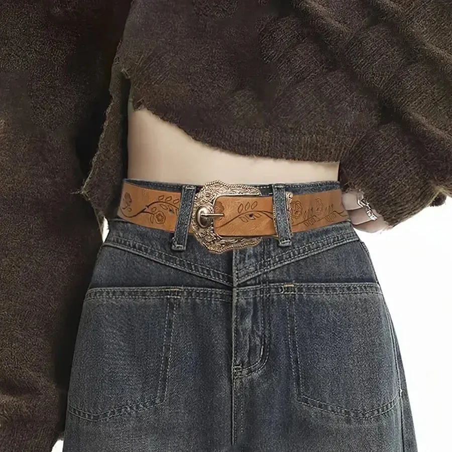 Goth Vintage Pattern Print Belt - Designer Metal Buckle PU Leather Y2K Waistband