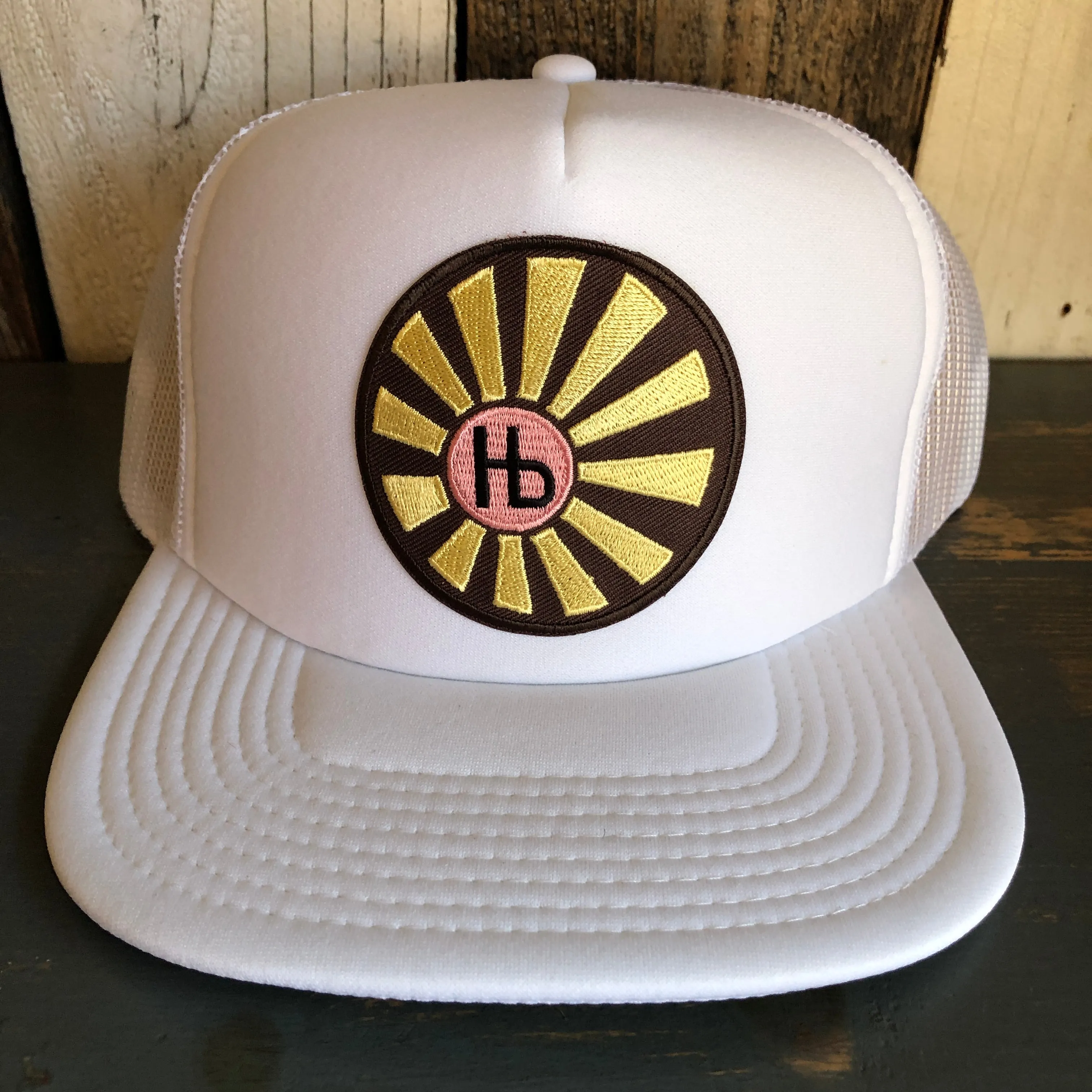 Hermosa Beach SUNBEAMS Trucker Hat - White (Flat Brim)