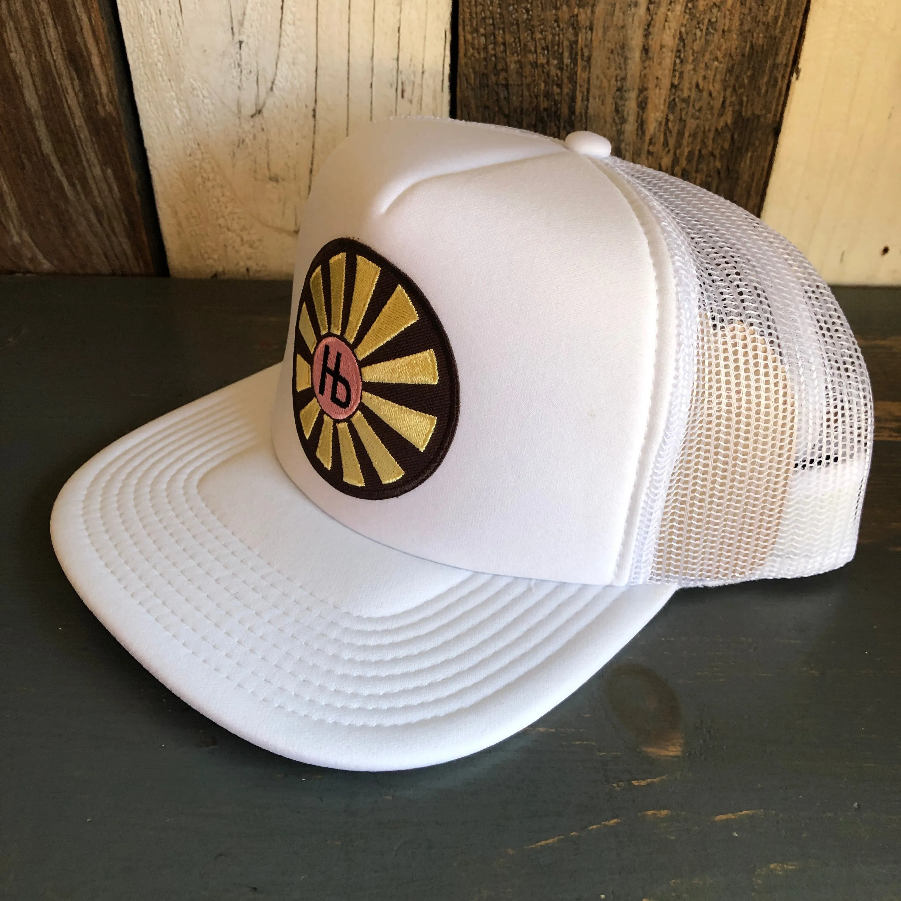Hermosa Beach SUNBEAMS Trucker Hat - White (Flat Brim)