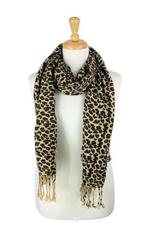 LP01 Tan Leopard Print Pashmina with Fringe
