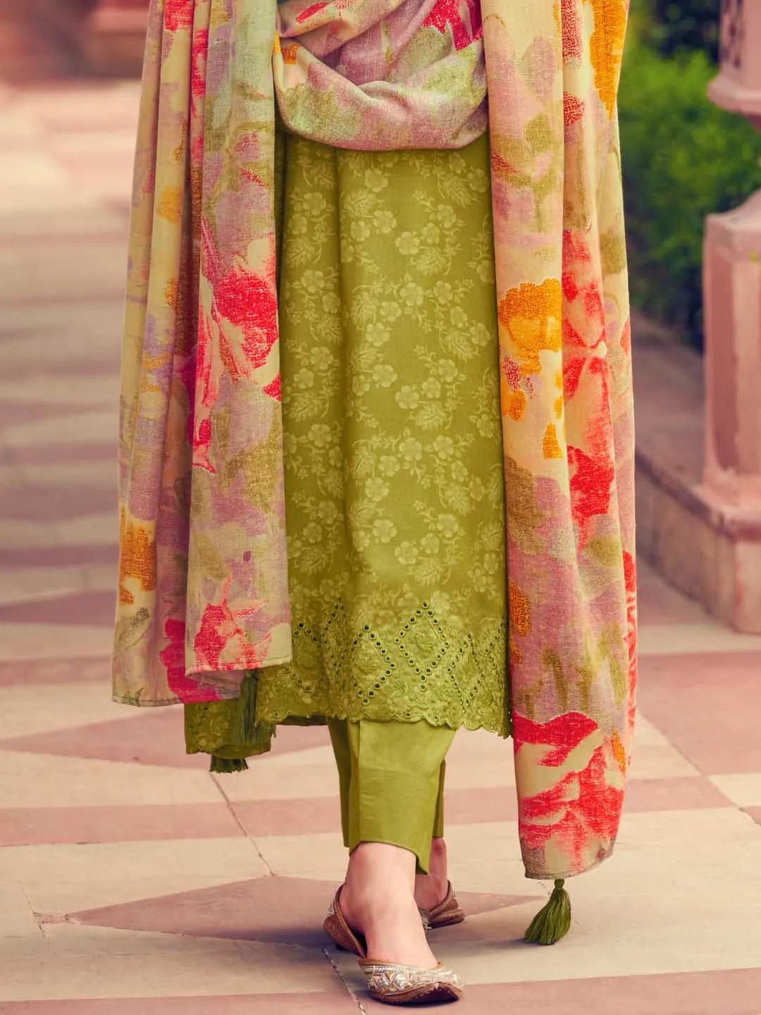 Pashmina Olive Green Embroidered Unstitched Winter Suit Set