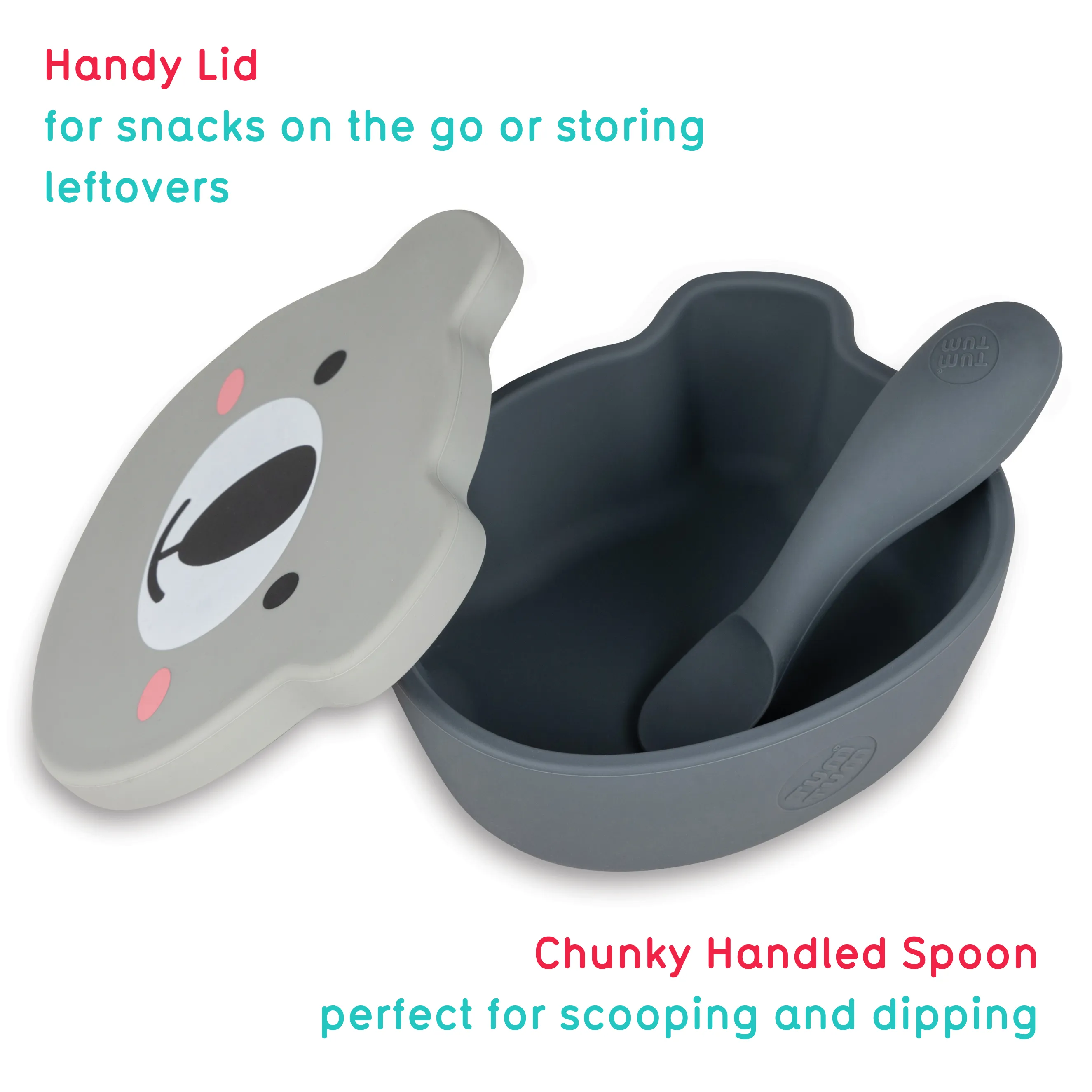 TUM TUM Baby & Toddler Stay Put Suction Bowl With Lid & Spoon, Stay Put Silicone Weaning Bowl & Spoon, First Feeding, Baby Led Weaning, 6m ,Kev Koala, Grey